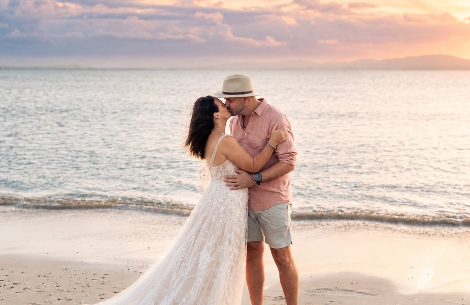 Couple kissing on the beach at sunset after their elopement